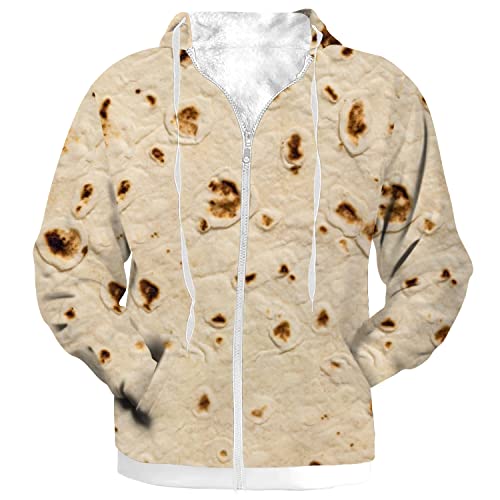 Tortilla Jacket Men Women Fleece Winter Coat Taco Burrito Tortilla Print Zip Up Hoodie Mexican Food Lover Gift,Plus Size 4XL