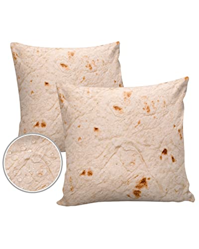 Waterproof Throw Pillow Covers, Burrito Tortilla Taco Corn Cake Food Decorative Pillowcase Soft Cushion Case for Patio Couch Tent Balcony, Set of 2 Square, 20"X20"