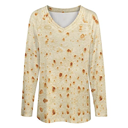 Tortilla Burritos Women's Long-Sleeved V-Neck Casual T-Shirt Top Loose Pullover Sweatshirt Women's