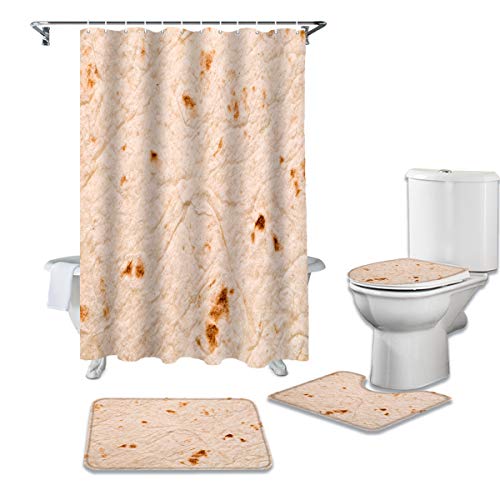 Zadaling 4 Piece Shower Curtain Sets Tortilla Bathroom Sets with Non-Slip Rugs,U-Shaped Contour Rug,Toilet Lid Cover,Waterproof Shower Curtain with Hooks for Bathroom 72"x72"