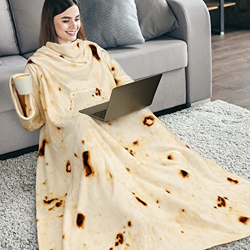 PAVILIA Premium Fleece Blanket with Sleeves for Women Men Adult, Wearable Blanket Warm Cozy, Super Soft Sleeved Throw with Arm, Gift for Women Mom Wife (Burrito Beige, Kangaroo Pocket)