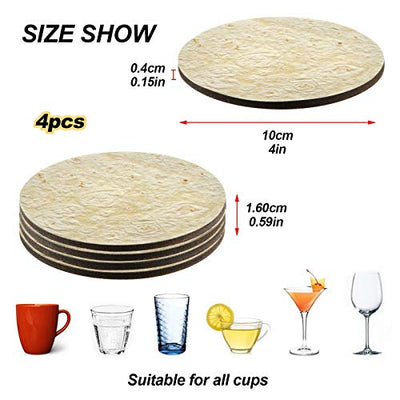 Tarity Tortilla Coasters for Drinks Fall Resistant Coasters Set of 4 Pcs Wood Coasters with Cork Base Drink Coasters for Wooden Table Protection Heat-Resistant Cup Mats Gift for Housewarming