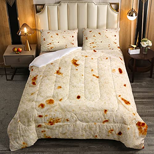 Feelyou Burritos Tortilla Bedding Set for Adult and Kids Ultra Soft Giant Funny Realistic Food Comforter Set Set Breathable Novelty Soft Flannel Taco Comforter Queen Size Quilted