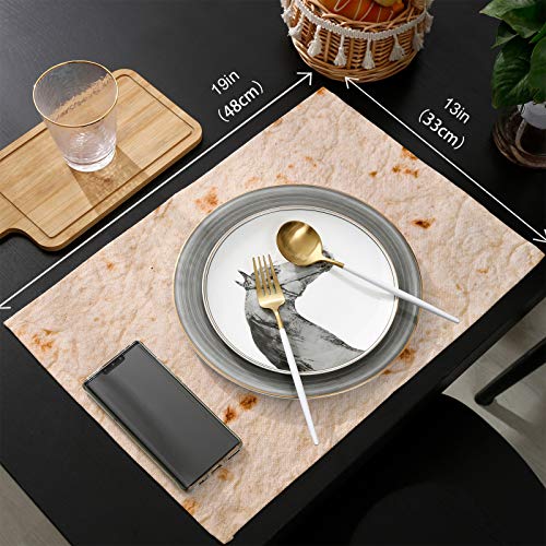 ARTSHOWING Burritos Tortilla 4PCS Placemats with Matching Table Runner, Heat Proof Placemats Washable Table Runner for Kitchen Dining Room Party, Novelty Food Burrito