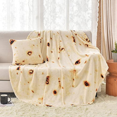 Bnuitland Tortilla Burritos Pattern Blanket with Throw Pillow Cover (18×18"),290 GSM Double Sided Giant Funny Realistic Food Blanket for Your Family,Novelty Tortilla Blanket for Adults and Kids