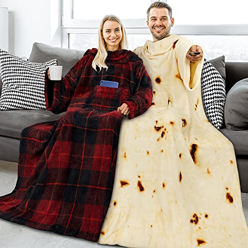 PAVILIA Premium Fleece Blanket with Sleeves for Women Men Adult, Wearable Blanket Warm Cozy, Super Soft Sleeved Throw with Arm, Gift for Women Mom Wife (Burrito Beige, Regular Pocket)