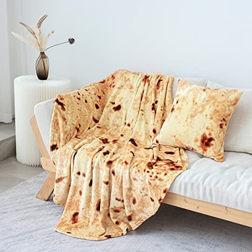 BNuitland Tortilla Burritos Pattern Blanket with Throw Pillow Cover (18×18"),290 GSM Double Sided Giant Funny Realistic Food Blanket for Your Family,Novelty Tortilla Blanket for Adults and Kids