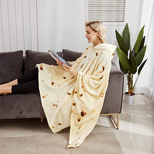 Denkee Wearable Blanket Hoodie, 60 x 80 inch Burritos Tortilla Wearable Blanket with Giant Pocket , Cozy Hooded Sherpa Throw Blanket Sweatshirt for Adults and Kids