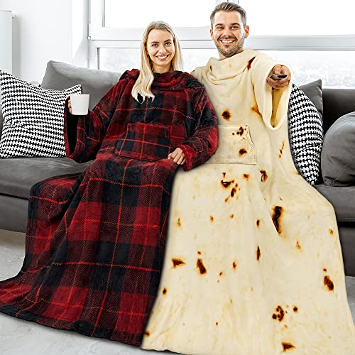 PAVILIA Premium Fleece Blanket with Sleeves for Women Men Adult, Wearable Blanket Warm Cozy, Super Soft Sleeved Throw with Arm, Gift for Women Mom Wife (Burrito Beige, Kangaroo Pocket)