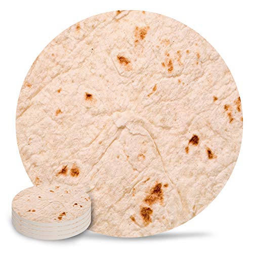 Burritos Tortilla Ceramic Coasters 6pc Set - Absorbent Heat-Resistant Reusable Saucers Pads for Drinks Wine Glasses Plants Cups & Mugs, Novelty Food Burrito