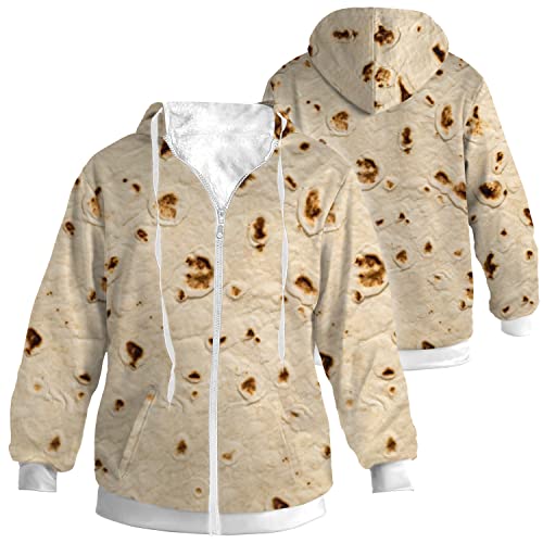 Tortilla Jacket Men Women Fleece Winter Coat Taco Burrito Tortilla Print Zip Up Hoodie Mexican Food Lover Gift,Plus Size 4XL